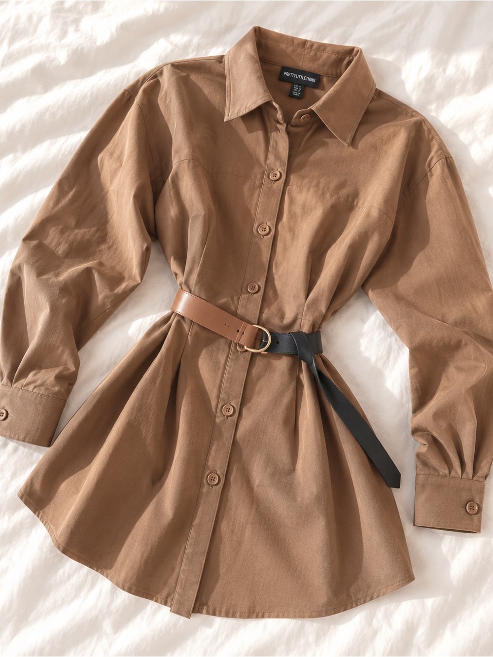 PrettyLittleThing Brown Long Sleeve Shirt Dress with Two-Tone Belt - Picture 3 of 5